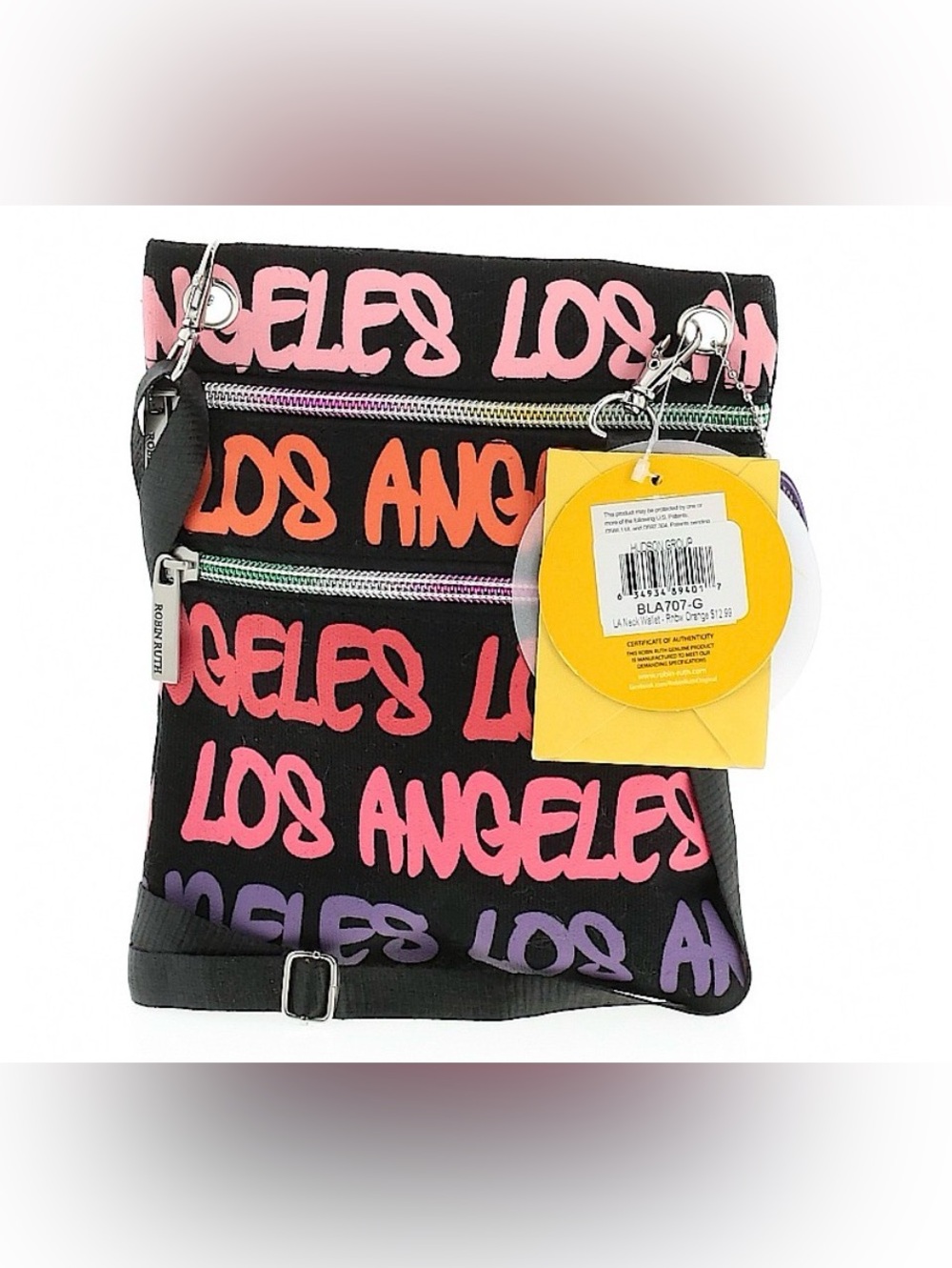 ROBIN RUTH Black Crossbody Bag with Pink, Orange & Purple Los Angeles Script